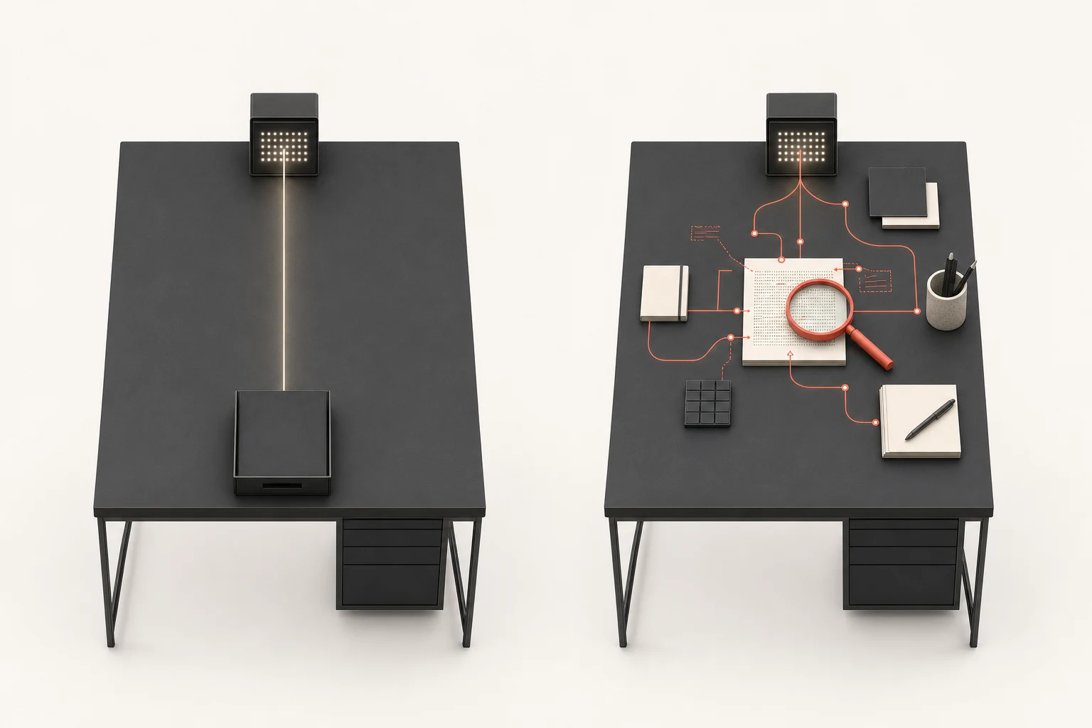 Two desks with the same AI assistant. On the left, the output runs straight into a closed tray, untouched. On the right, the output is pulled onto the desk, checked with a magnifier, annotated, and rebuilt into new work.